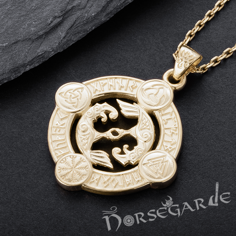 Handcrafted Rune Circle with Ravens - Gold