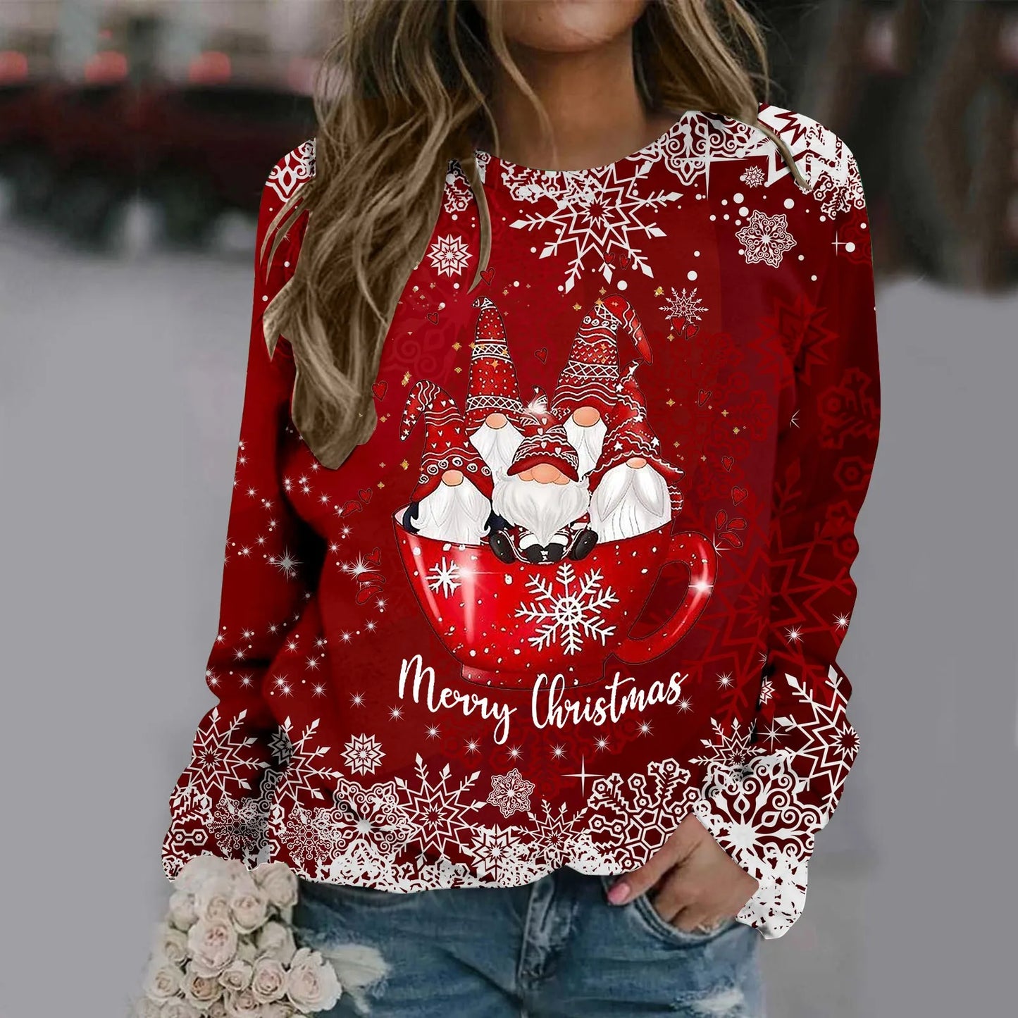 Zorana - Cálido jersey con escote redondo y estampado Merry Christmas para mujer