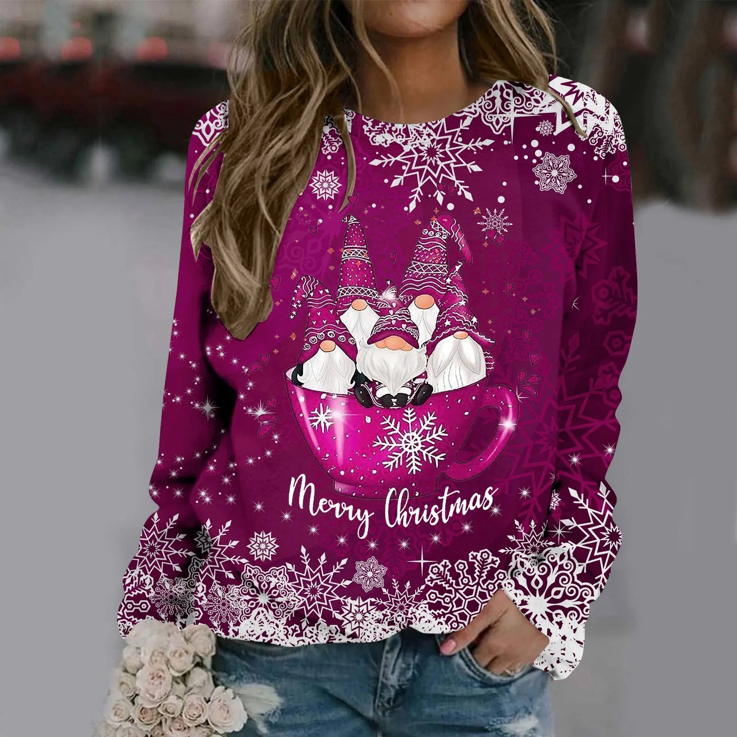 Zorana - Cálido jersey con escote redondo y estampado Merry Christmas para mujer