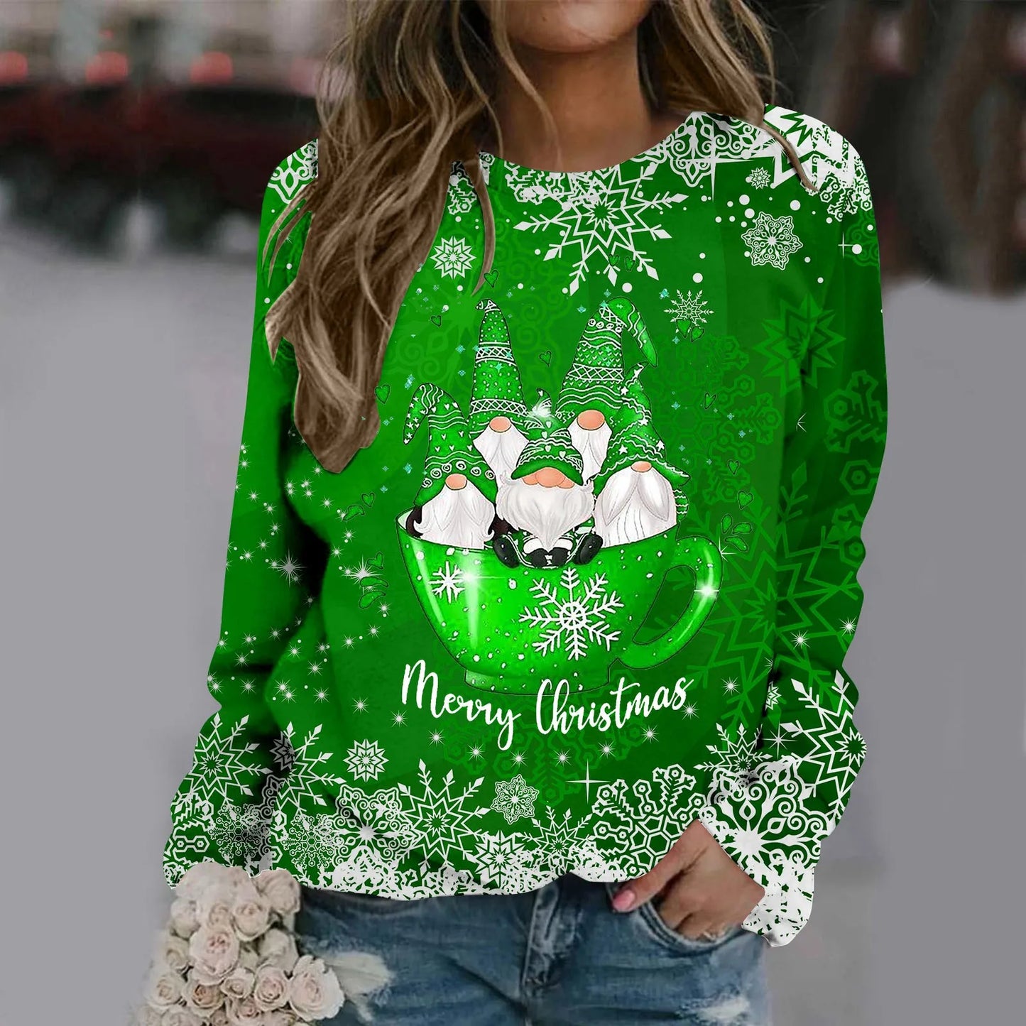 Zorana - Cálido jersey con escote redondo y estampado Merry Christmas para mujer