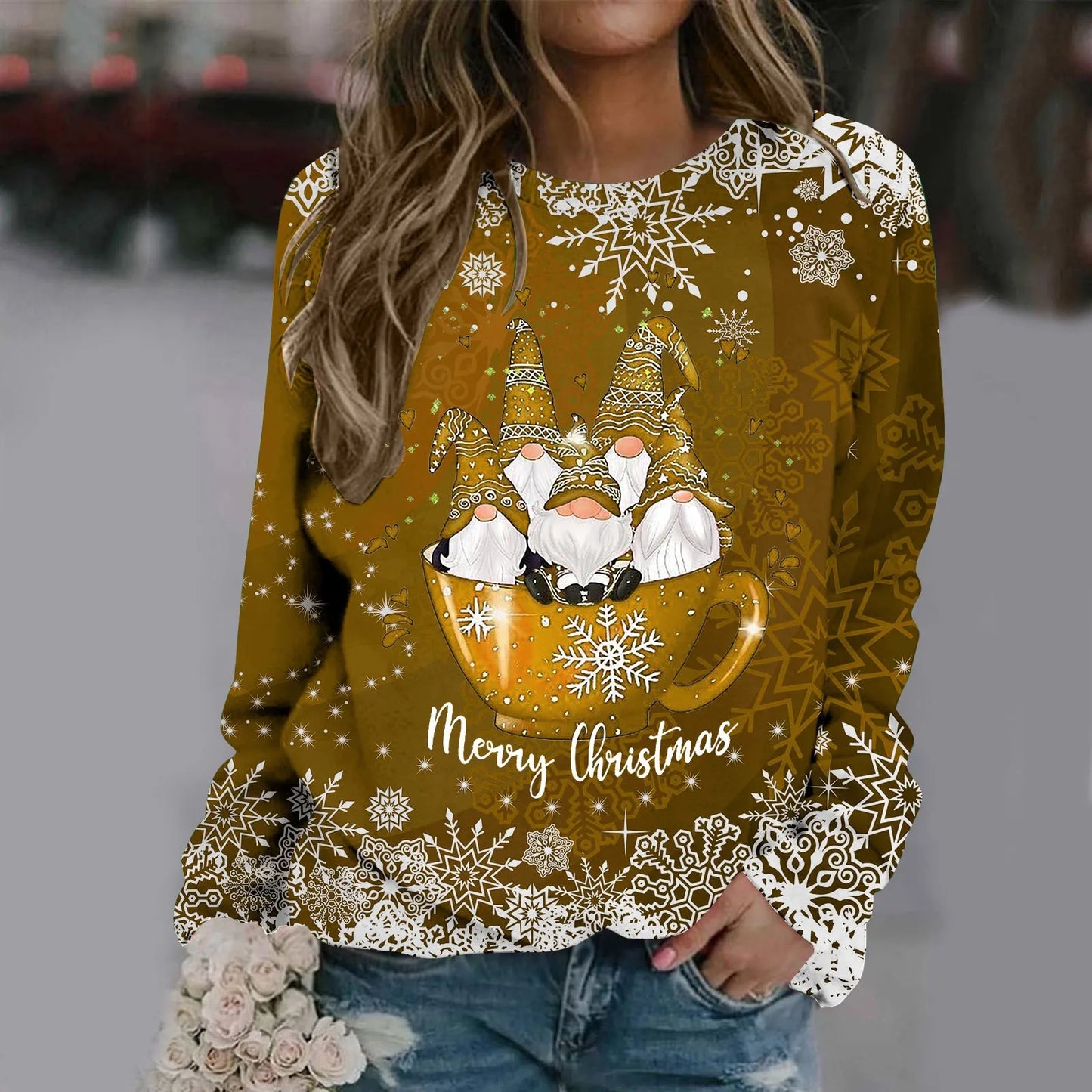 Zorana - Cálido jersey con escote redondo y estampado Merry Christmas para mujer