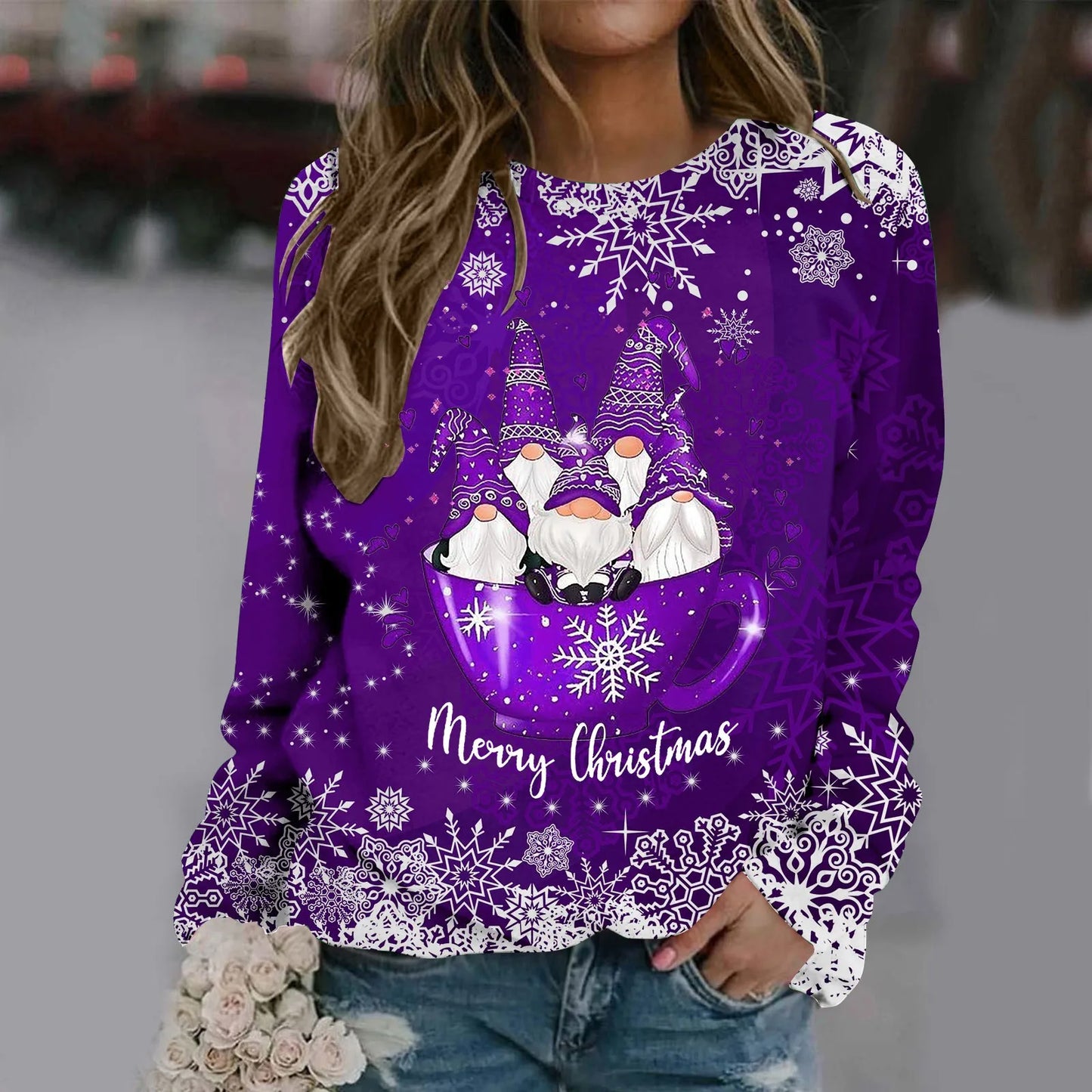 Zorana - Cálido jersey con escote redondo y estampado Merry Christmas para mujer