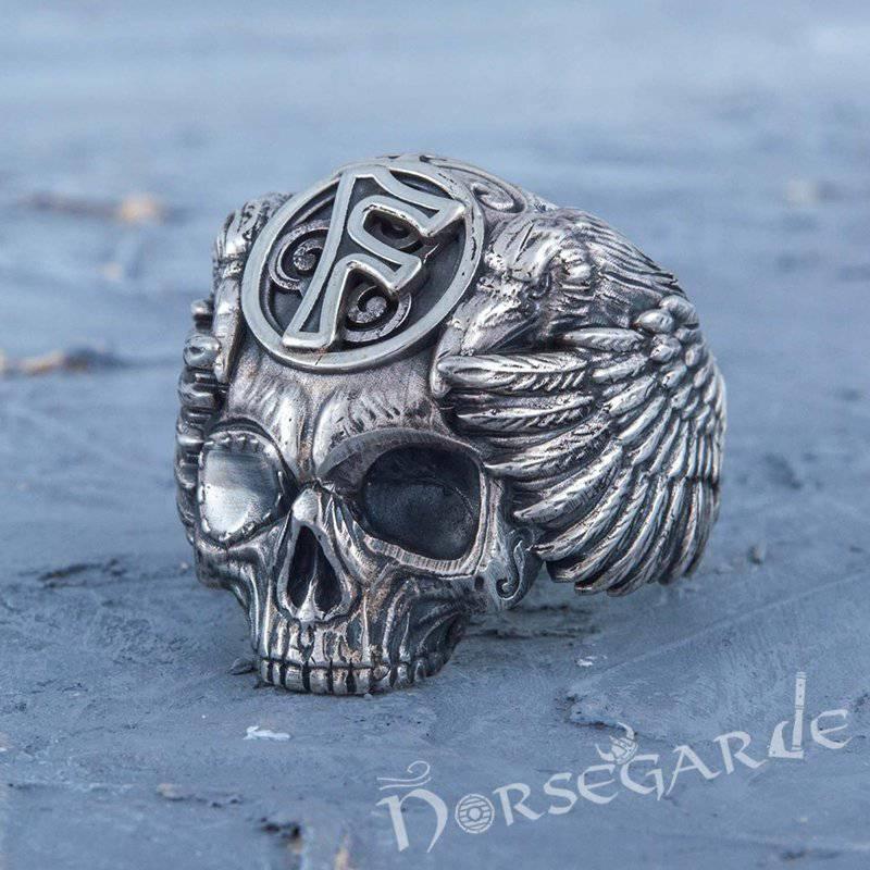 Handcrafted Ansuz Skull and Ravens Ring - Sterling Silver