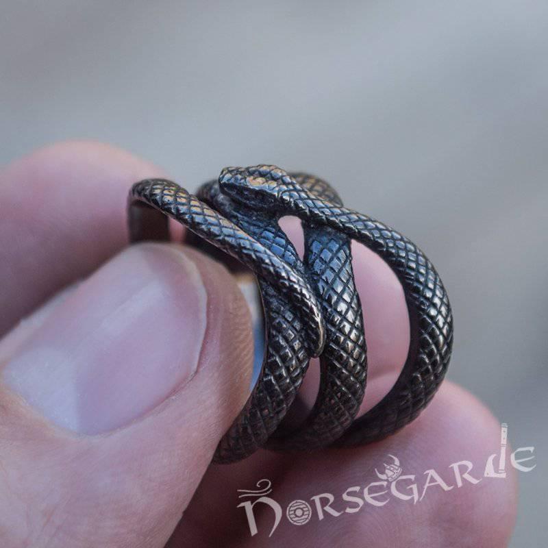 Handcrafted Coiled Jormungandr Ring - Ruthenium Plated Sterling Silver