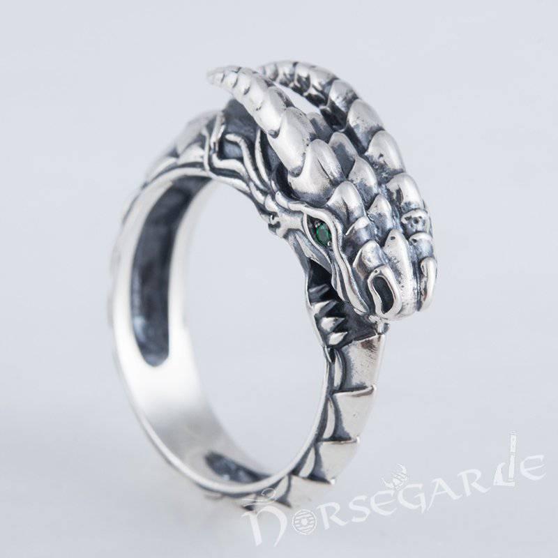 Handcrafted Green Eyed Jormungandr Ring - Sterling Silver