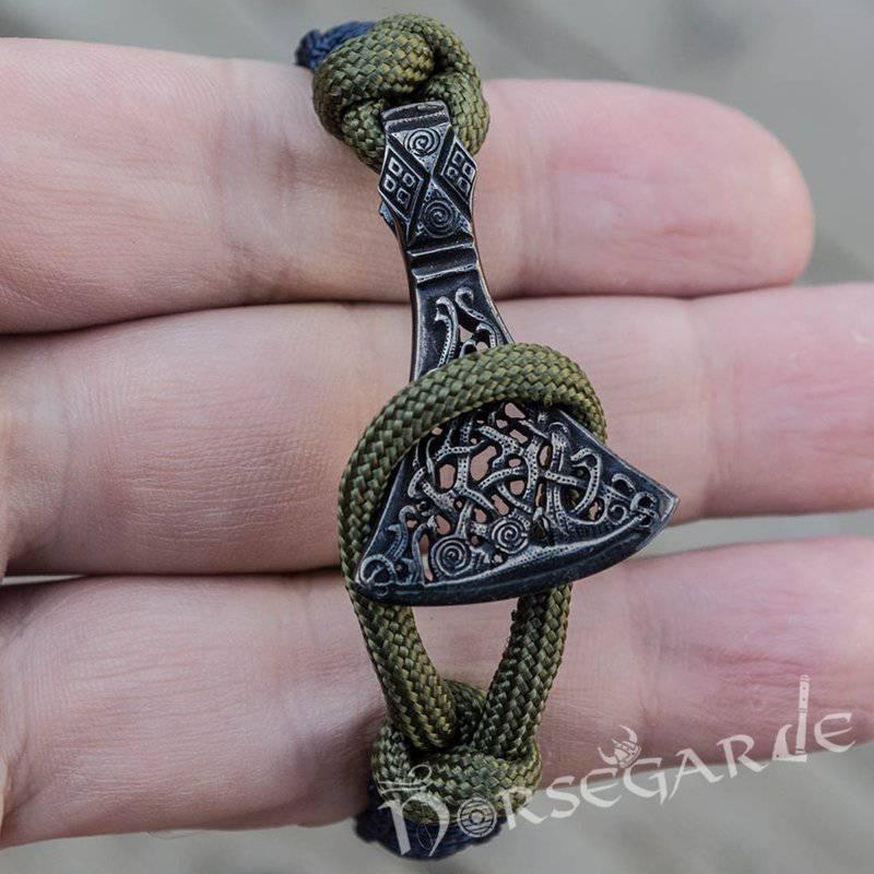 Handcrafted Lilypad Paracord Bracelet with Axe Head and Rune - Ruthenium Plated Sterling Silver
