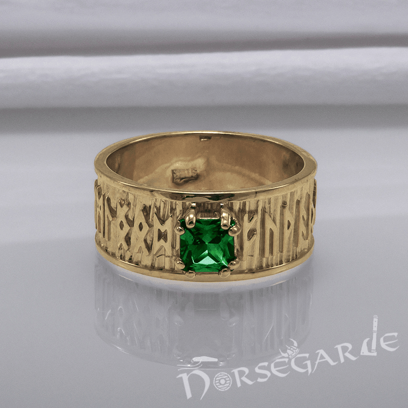 Handcrafted Thick Elder Futhark Band - Gold with Emerald