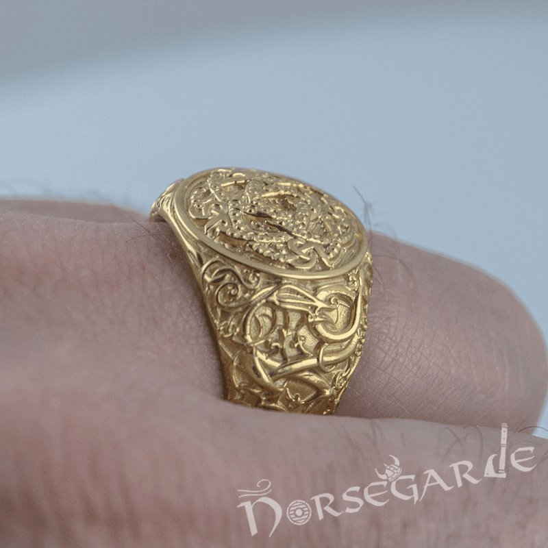 Handcrafted Urnes Style Jormungandr Ring - Gold