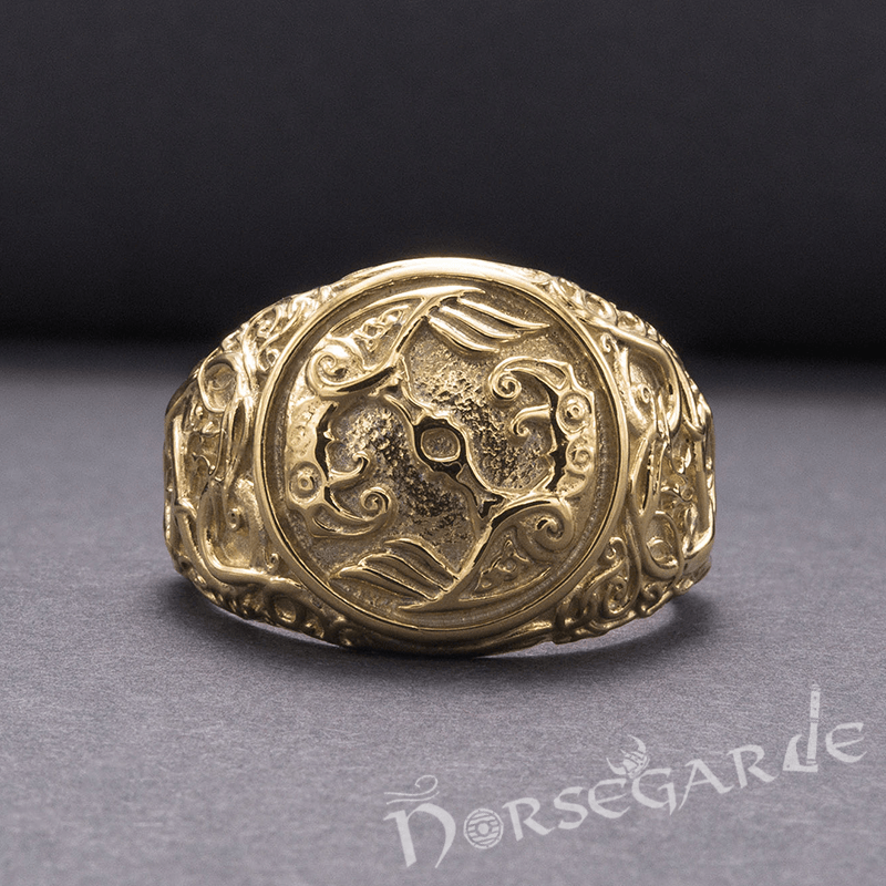 Handcrafted Urnes Style Ravens Ring - Gold