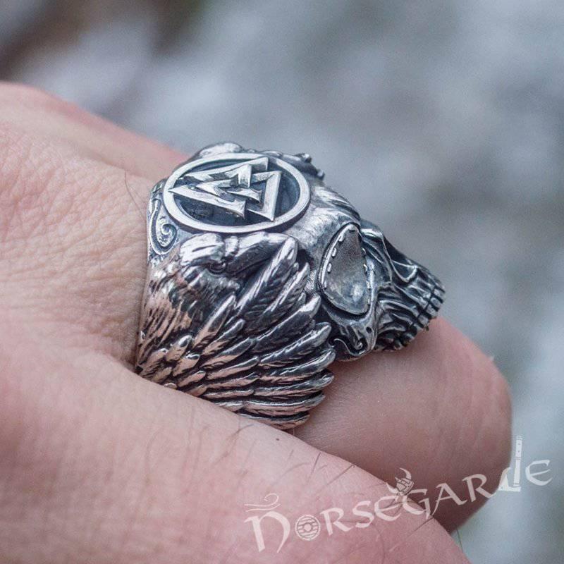 Handcrafted Valknut Skull and Ravens Ring - Sterling Silver