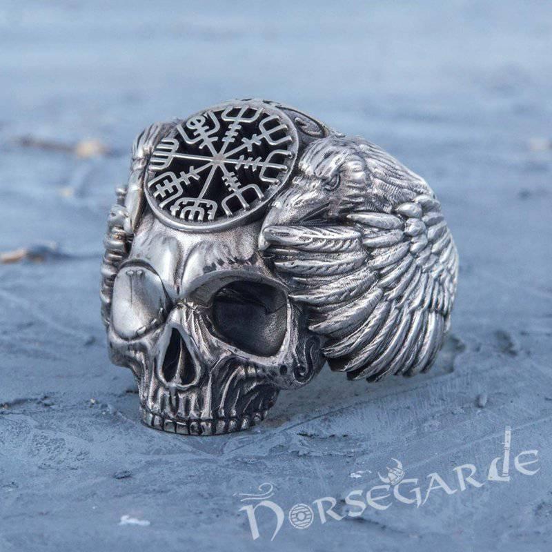Handcrafted Vegvisir Skull and Ravens Ring - Sterling Silver