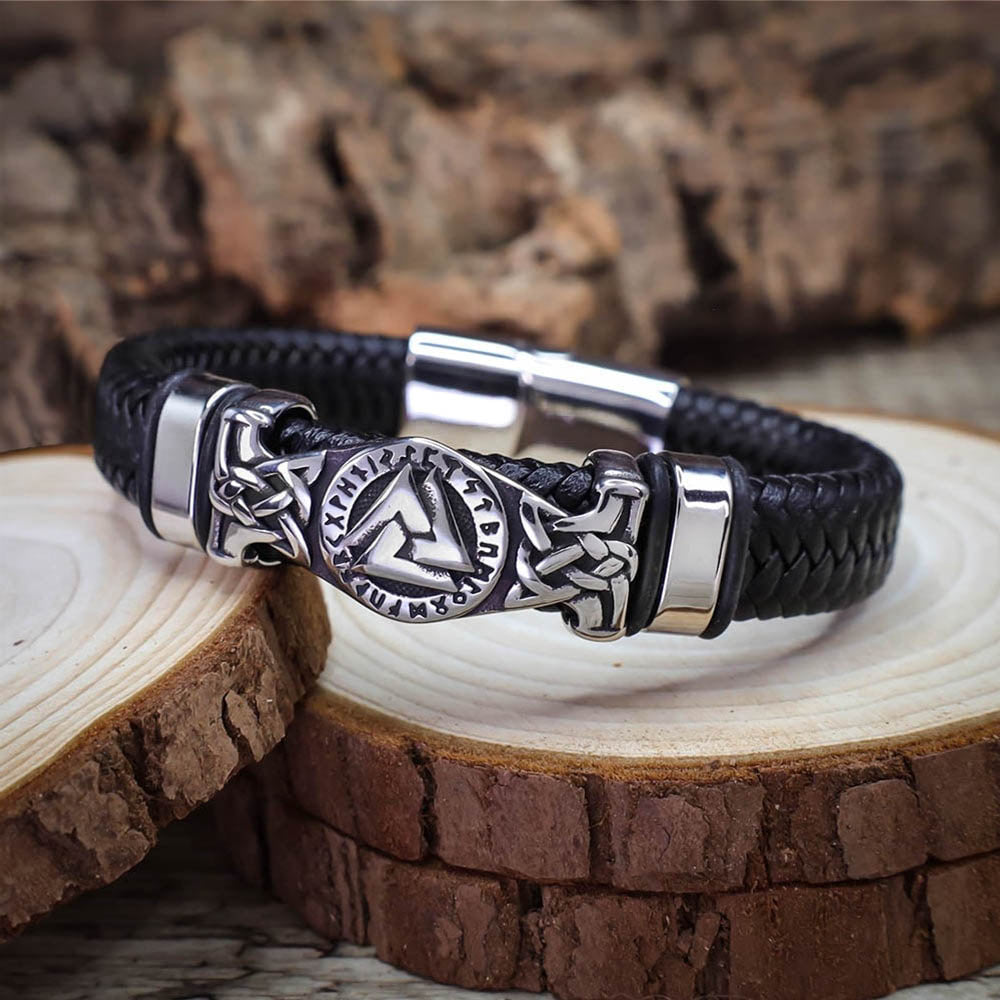 Valknut Rune Thick Leather Bracelet