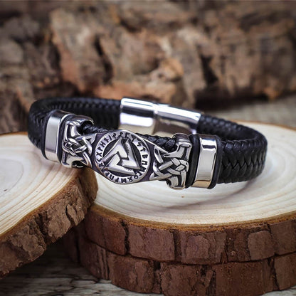 Valknut Rune Thick Leather Bracelet