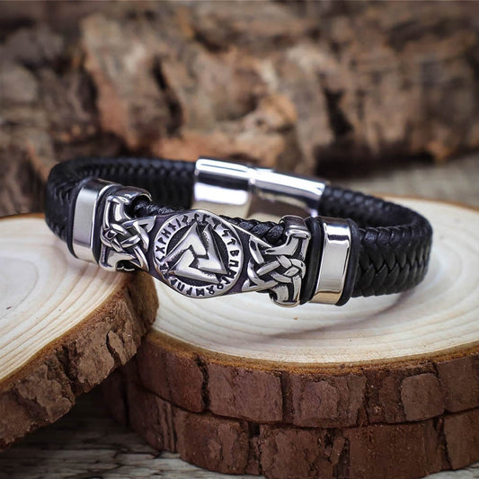 Valknut Rune Thick Leather Bracelet