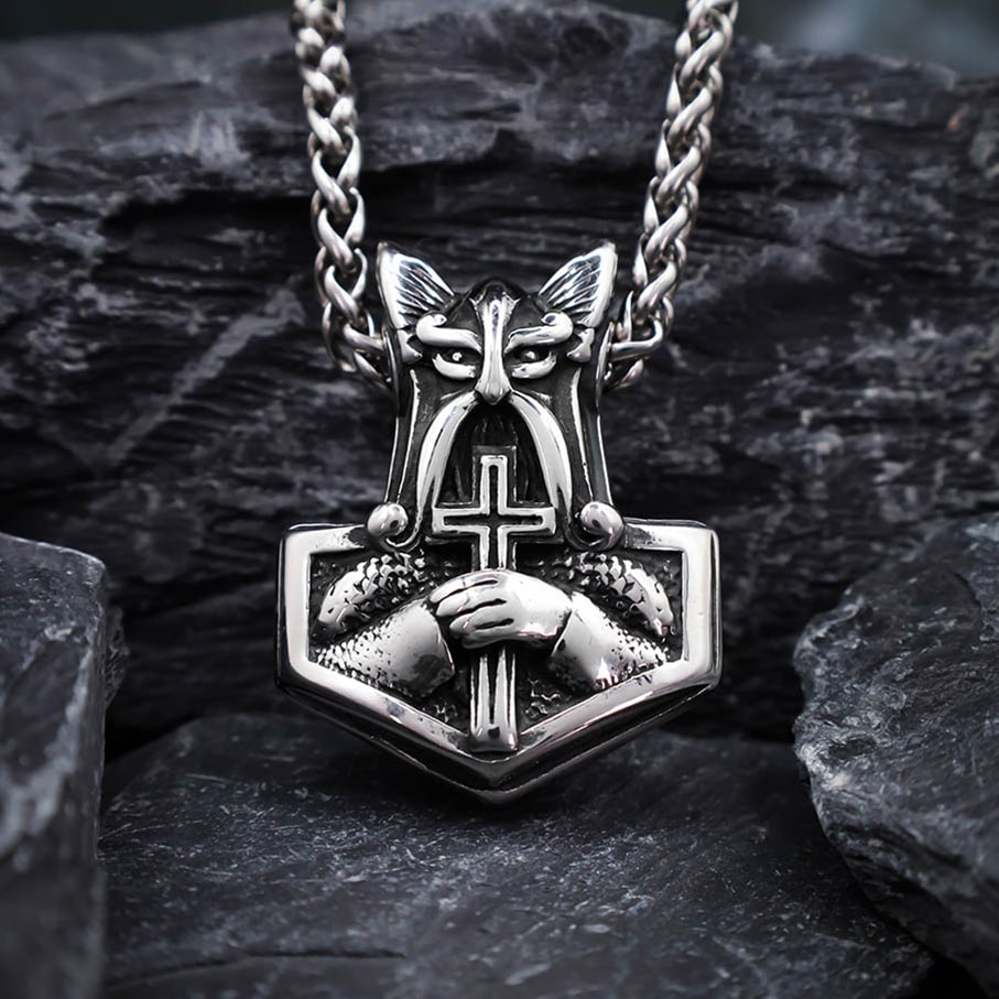 Odin and Cross Mjolnir - Stainless Steel