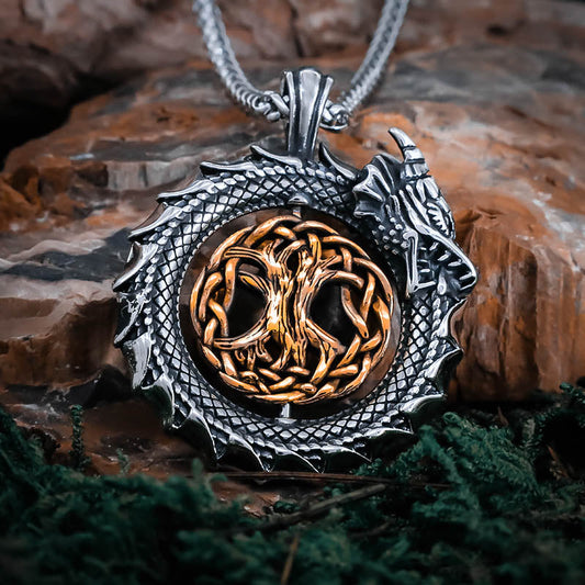 Serpent and Yggdrasil Ouroboros Pendant - Stainless Steel