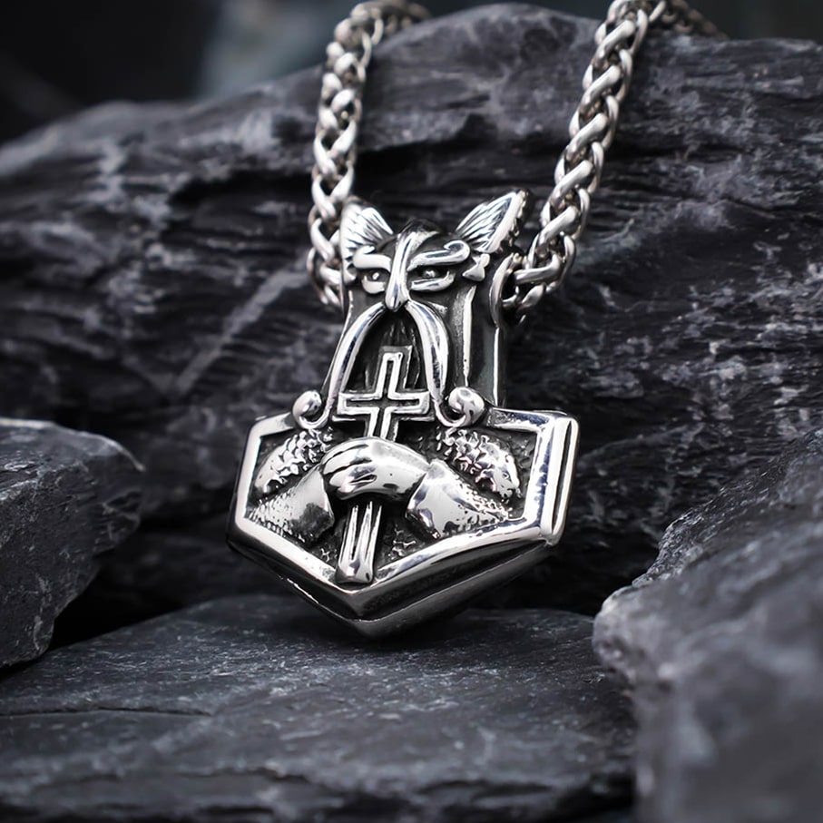 Odin and Cross Mjolnir - Stainless Steel