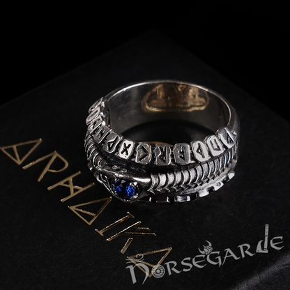 Handcrafted Jormungandr and Rune Wheel Ring - Sterling Silver and Sapphire