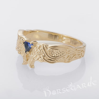 Handcrafted Celtic Ravens Gemmed Band - Gold with Gem