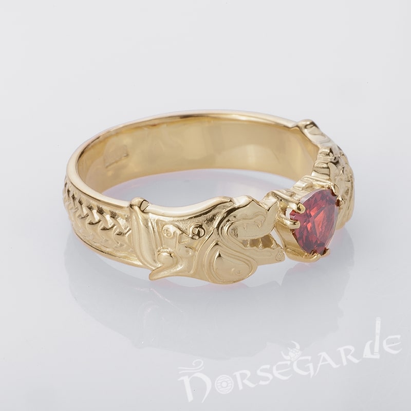 Handcrafted Odin's Wolves Gemmed Band - Gold with Garnet
