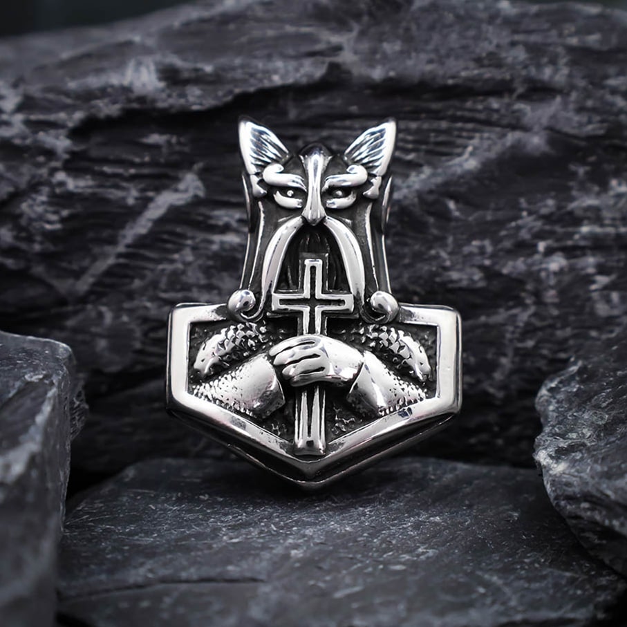 Odin and Cross Mjolnir - Stainless Steel