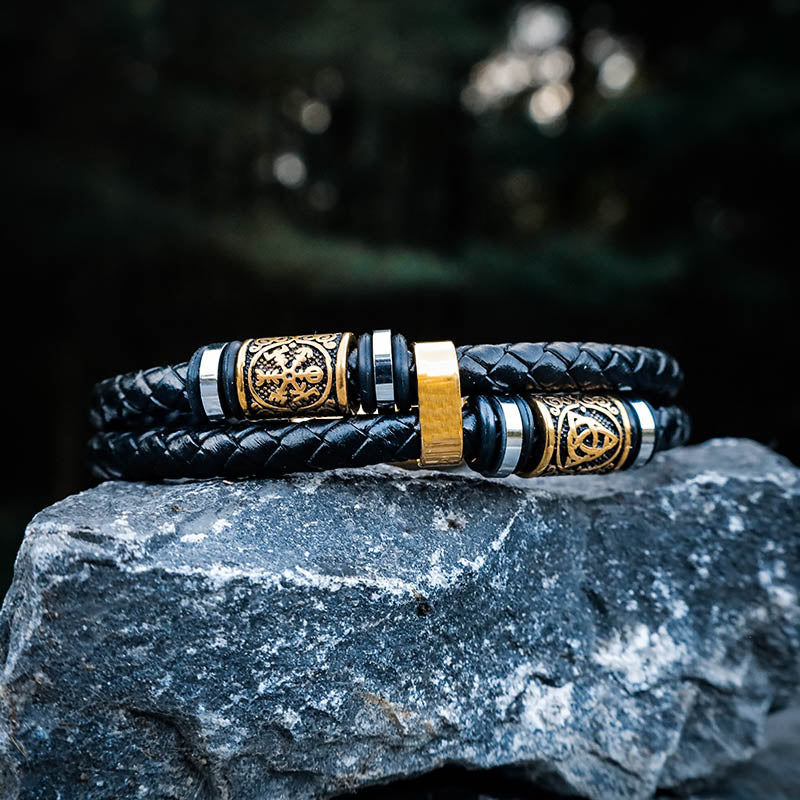 Viking Bead Dual Braid Leather Bracelet