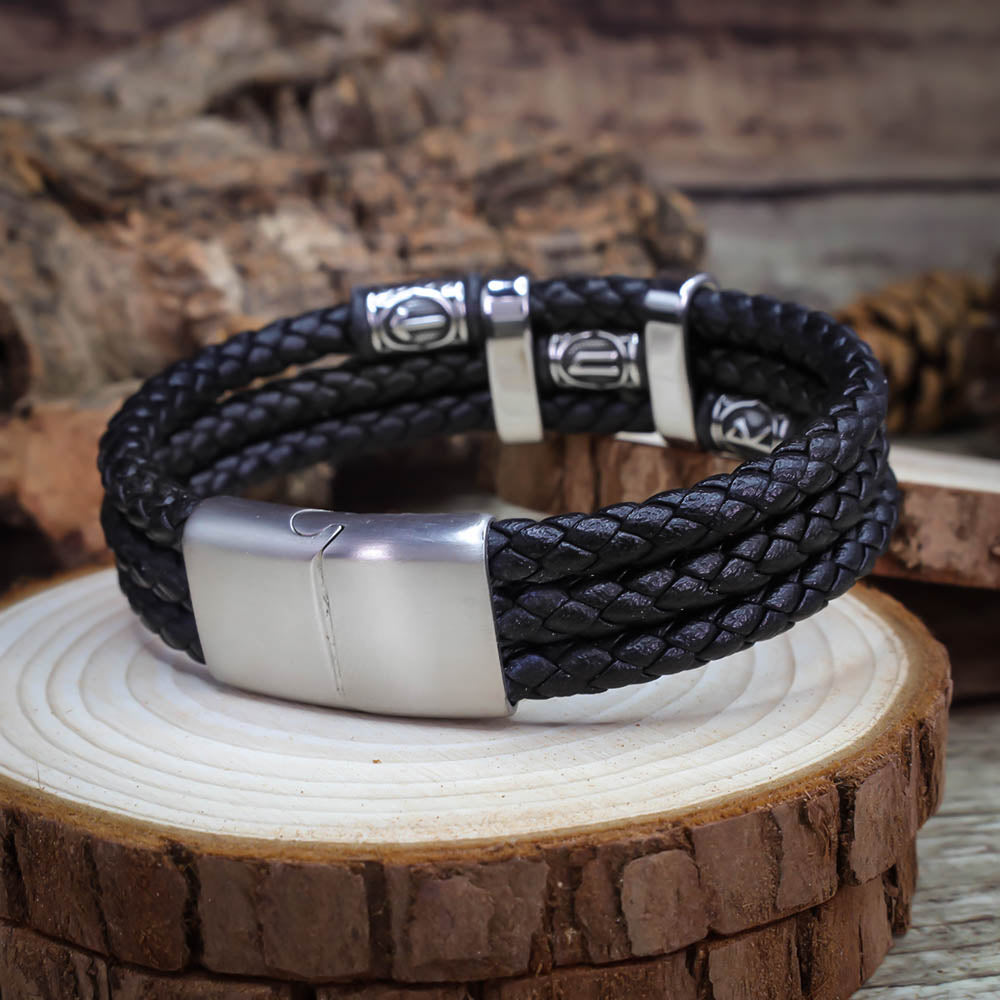 Tyr Bead Triple Band Leather Bracelet