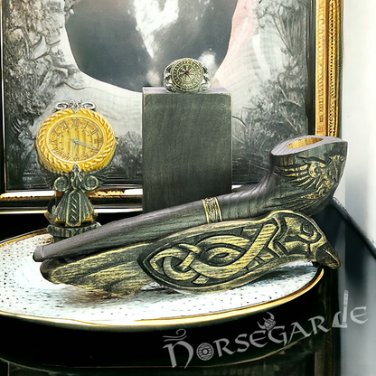 Handcarved Raven Smoking Pipe with Brass Inlay and Stand - Ash