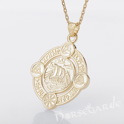 Handcrafted Rune Circle with Viking Drakkar - Gold