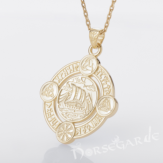 Handcrafted Rune Circle with Viking Drakkar - Gold