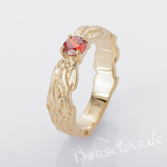 Handcrafted Dragon Ornament Band - Gold with Garnet