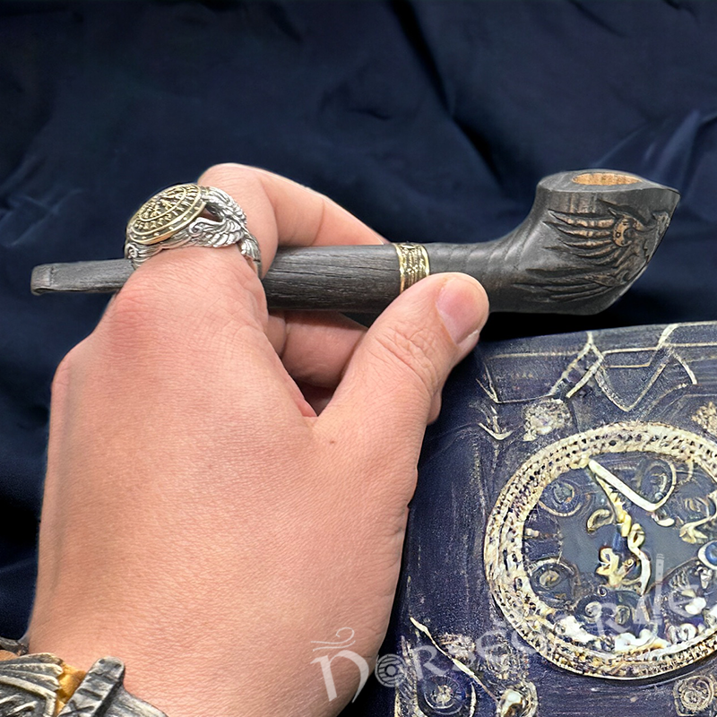 Handcarved Raven Smoking Pipe with Brass Inlay and Stand - Ash