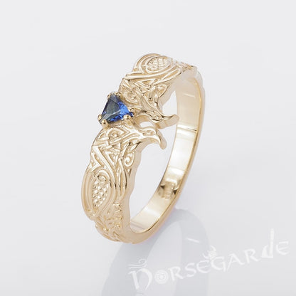 Handcrafted Celtic Ravens Gemmed Band - Gold with Gem