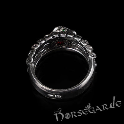 Handcrafted Jormungandr and Rune Wheel Ring - Sterling Silver and Sapphire