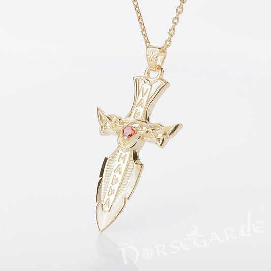 Handcrafted Valhalla Dagger Pendant - Gold with Ruby