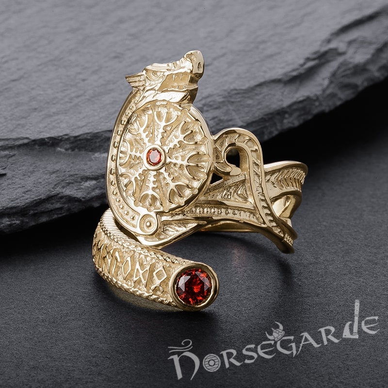 Handcrafted Helm of Awe Coiled Serpent Band - Gold with Ruby