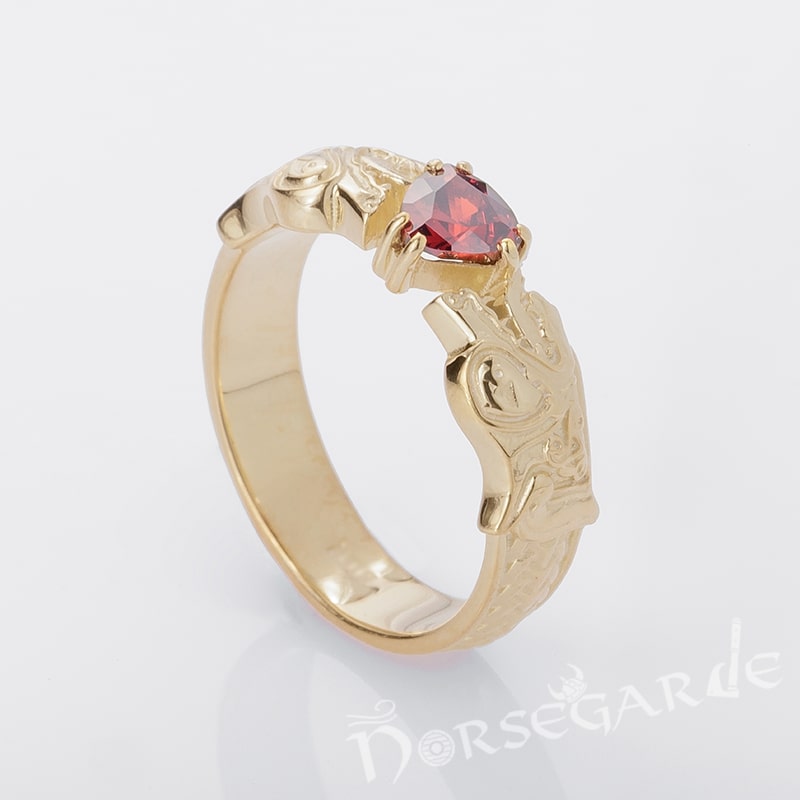 Handcrafted Odin's Wolves Gemmed Band - Gold with Garnet