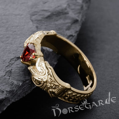 Handcrafted Odin's Wolves Gemmed Band - Gold with Garnet