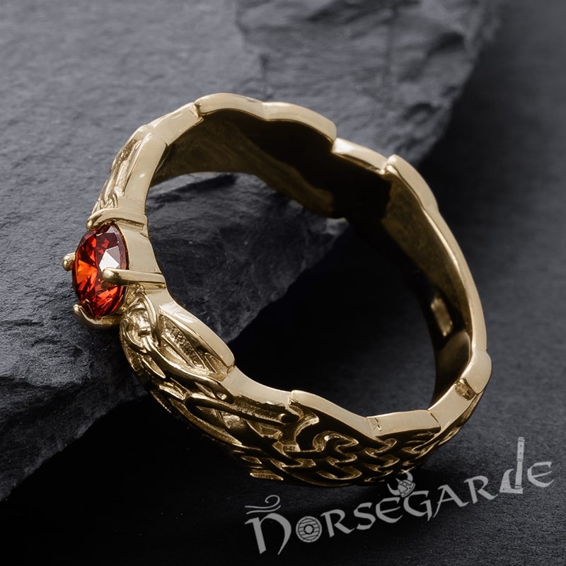 Handcrafted Dragon Ornament Band - Gold with Garnet