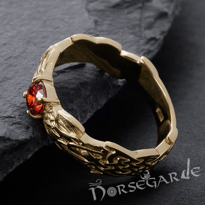 Handcrafted Dragon Ornament Band - Gold with Garnet