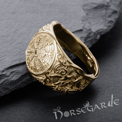 Handcrafted Vegvisir Rune Mammen Style Ring - Gold