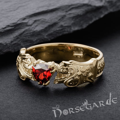 Handcrafted Odin's Wolves Gemmed Band - Gold with Garnet