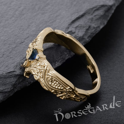 Handcrafted Celtic Ravens Gemmed Band - Gold with Gem