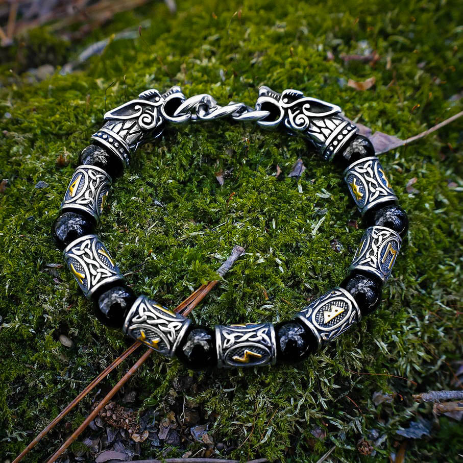 Runes and Beads Elastic Wolf Bracelet
