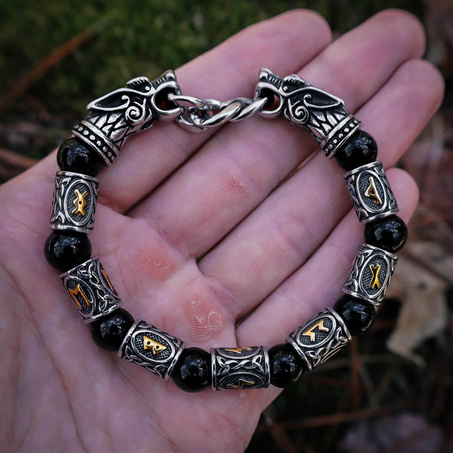 Runes and Beads Elastic Wolf Bracelet