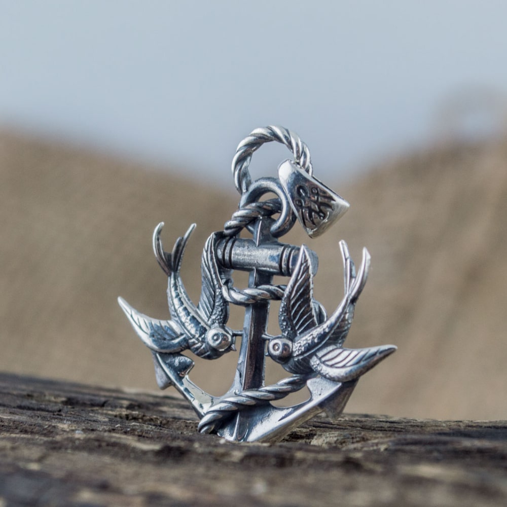 Handcrafted Anchor & Swallows Pendant - Sterling Silver