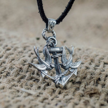 Handcrafted Anchor & Swallows Pendant - Sterling Silver