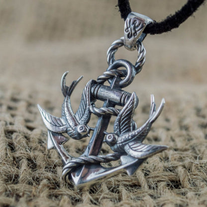 Handcrafted Anchor & Swallows Pendant - Sterling Silver