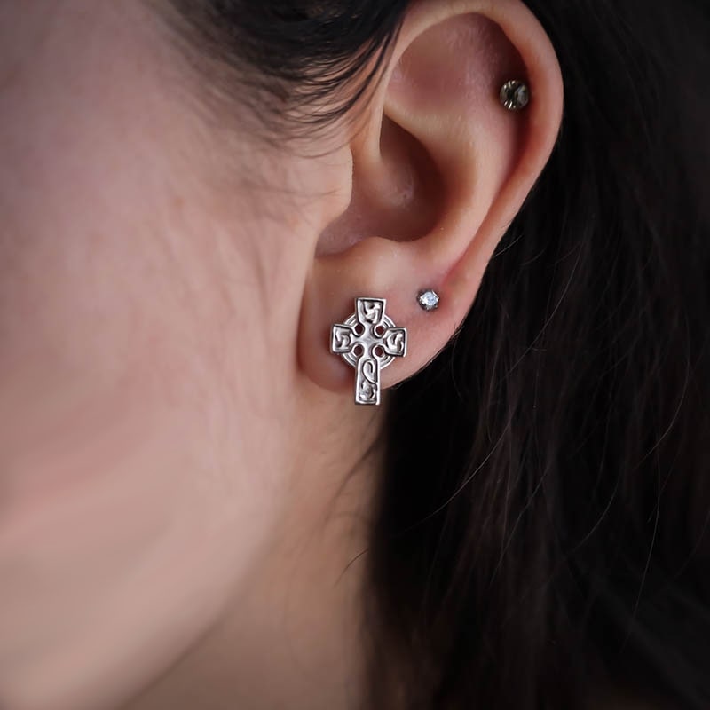 Ornamental Celtic Cross Stud Earrings - Sterling Silver