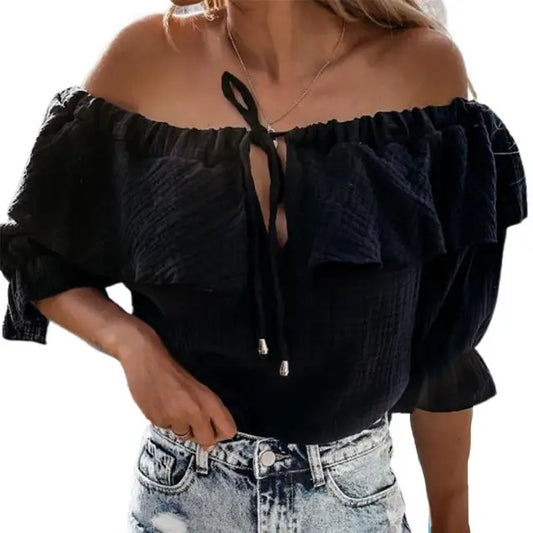 IANNA | Blusa de mujer sin hombros con volantes y cordón para atar